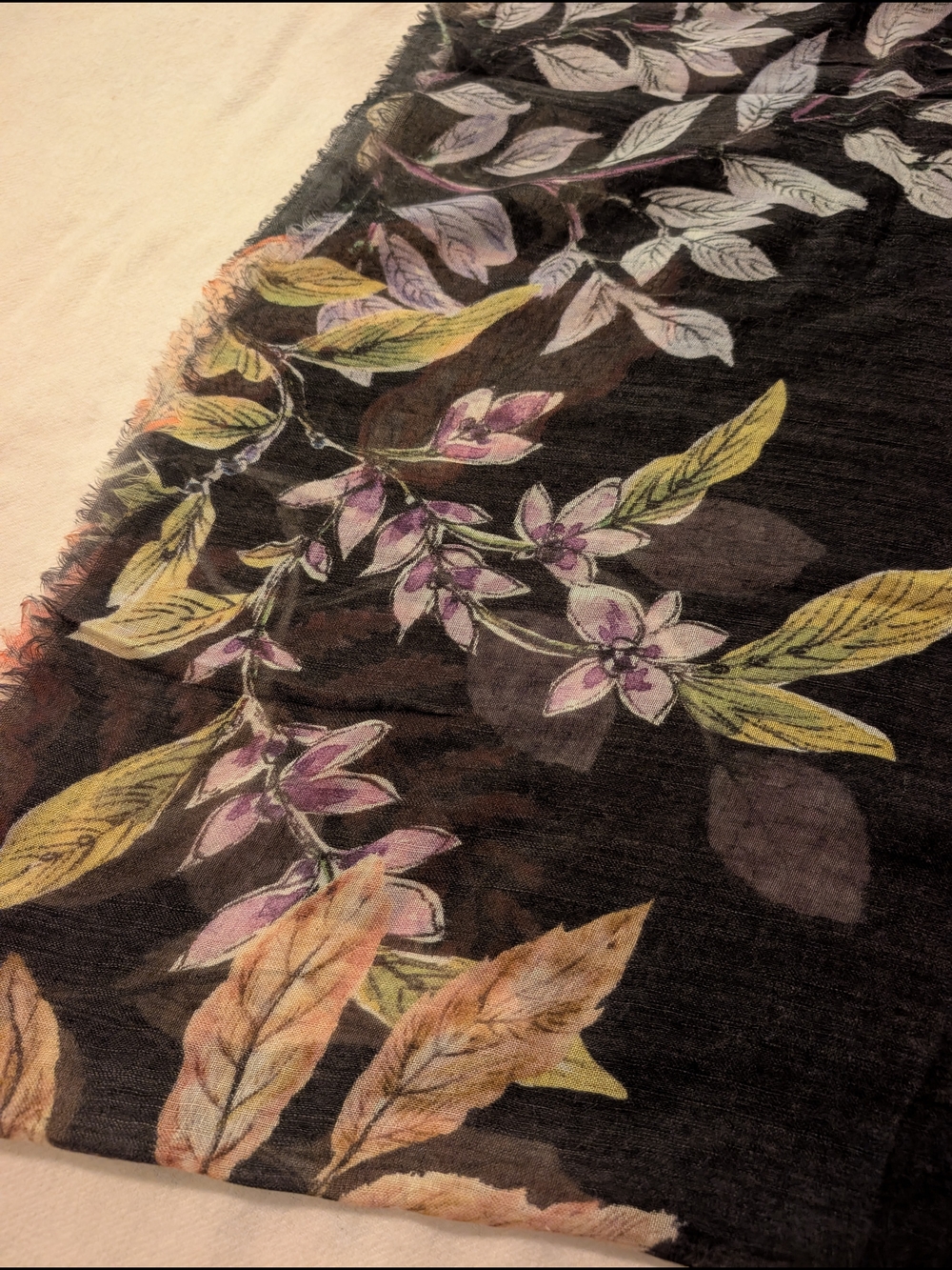 Echo Wool Blend Floral Black Lightweight Scarf with Fringe OS - Picture 8 of 10